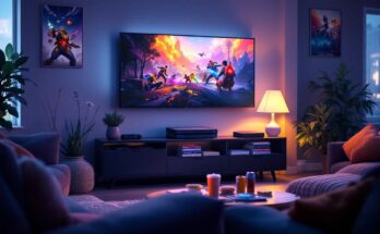 Сцена с удовольствием от подписки на PlayStation на 12 месяцев в уютной гостиной.