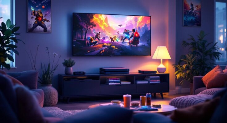 Сцена с удовольствием от подписки на PlayStation на 12 месяцев в уютной гостиной.